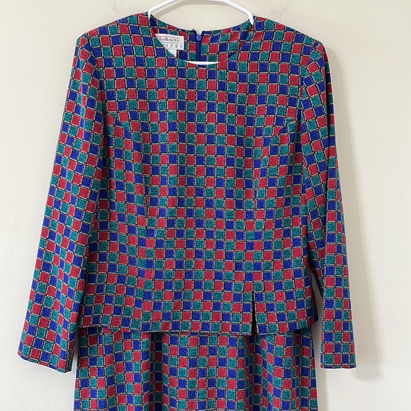 Vintage Talbots Red Blue Green Check Long Sleeve Tiered Overlay Dress Size 8P - Picture 2 of 8
